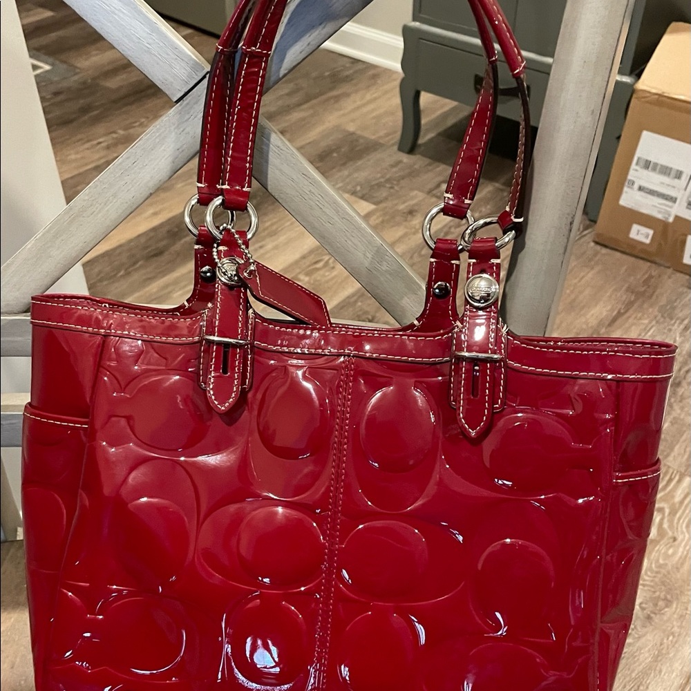 Cute red tote! 9 inches tall and 15 inches wide. No signs of wear.